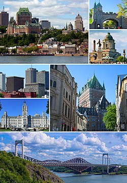 From top, left to right: Quebec City from the St. Lawrence River, the Ramparts of Quebec City, waterfront in Old Quebec, skycrapers in Vieux-Québec, Parliament Building, Château Frontenac, Pierre Laporte Bridge