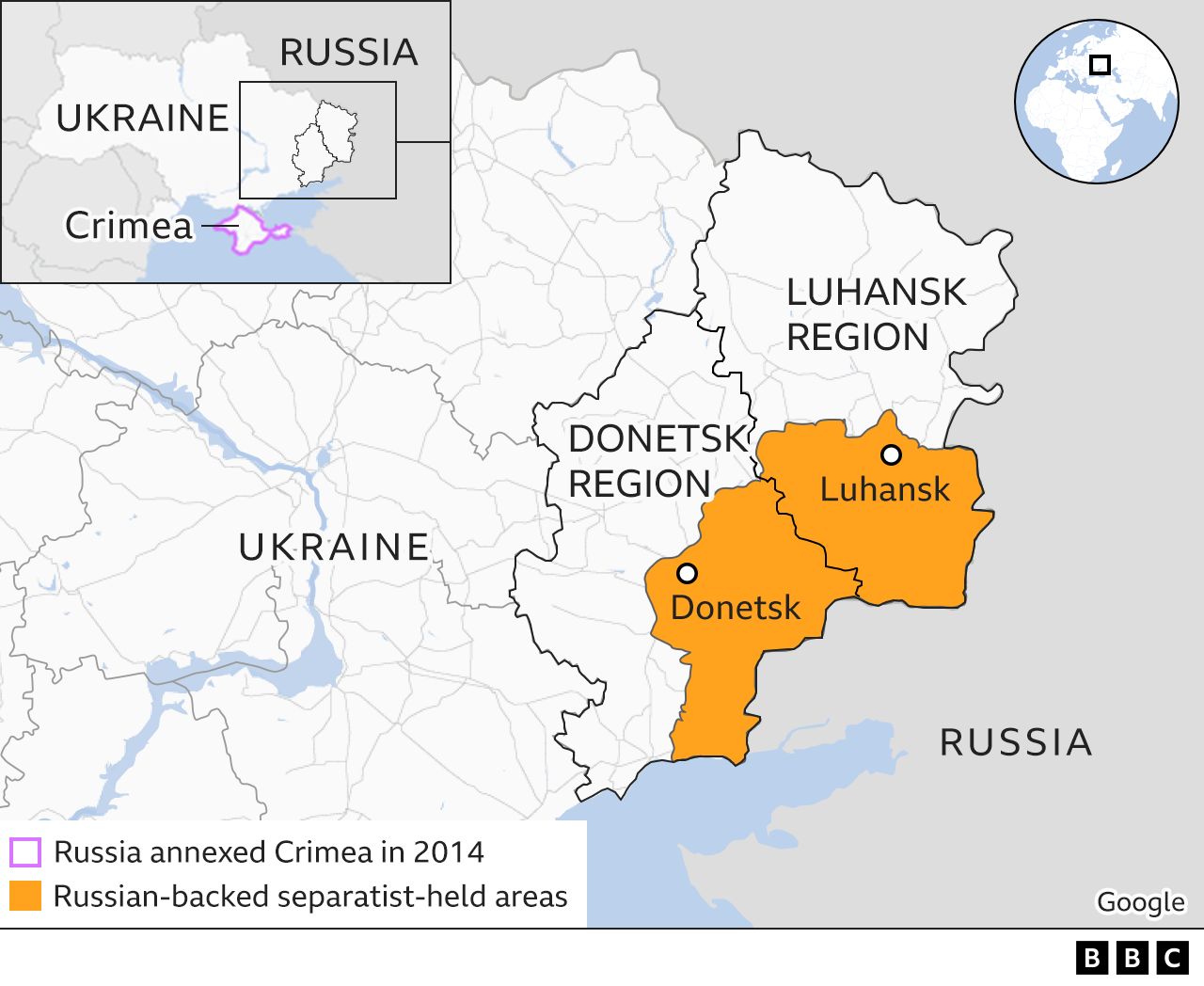 Map showing the regions of Donesk and Luhansk in eastern Ukraine and the Russian-backed separatist-held areas within those regions.