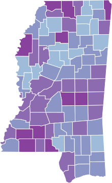 COVID-19 rolling 14day Prevalence in Mississippi by county.svg