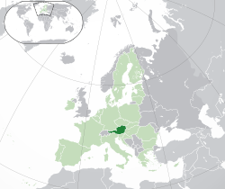 Location of Austria (dark green) – in Europe (green & dark grey) – in the European Union (green)  –  [Legend]