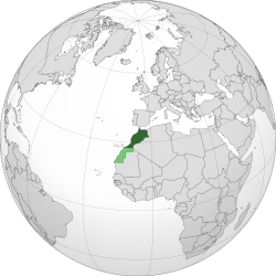 Location of Morocco in northwest Africa. Dark green: Undisputed territory of Morocco. Lighter green: Western Sahara, a territory claimed and occupied mostly by Morocco as its Southern Provinces[note 1]
