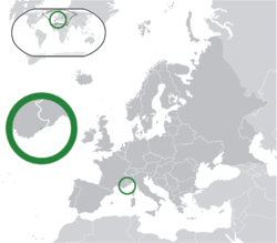 Location of Monaco (green) in Europe (green & dark grey)