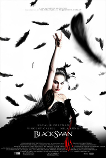 The poster for the film shows Natalie Portman with white facial makeup, black-winged eye liner around bloodshot red eyes, and a jagged crystal tiara