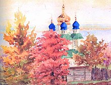 Painting by Olga of a Russian church with blue onion domes, partially obscured behind trees in autumnal colours