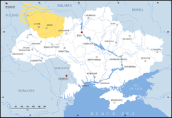 Volhynia (yellow) in modern Ukraine