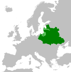 The Polish–Lithuanian Commonwealth (green) with vassal states (light green) at their peak in 1619
