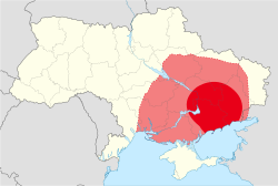 Location of the core of Makhnovia (red) and other areas controlled by the Black Army (pink) in present-day Ukraine (tan)