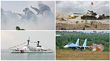 Photographs of Vietnam People's Armed Forces weaponry assets including a T-54B tank, a Sukhoi Su-27UBK fighter aircraft, a Vietnam Coast Guard Hamilton-class cutter, and a Vietnam People's Army chemical corps carrying a Type 56 assault rifle.