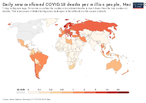 Daily new confirmed COVID-19 deaths per million people.svg