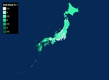 Japan map of fully vaccinated people by percentage of population by prefecture as of 23rd of June 2021.png