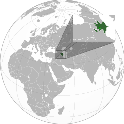 Location of Azerbaijan (green) with territory controlled by the self-proclaimed Republic of Artsakh shown in light green.[a]