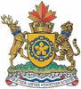 A coat of arms with a yellow and blue Canadian pale in the middle, a crown made from castle bricks with a red Canadian maple leaf on top and a deer to the left and tiger to the right. Below is green grass with a banner that has the city's motto: Together Aspire – Together Achieve.