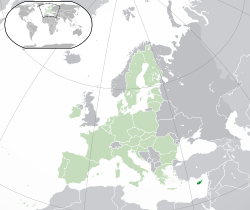 Location of Cyprus (pictured lower right), showing the Republic of Cyprus in darker green and the self-declared republic of Northern Cyprus in brighter green, with the rest of the European Union shown in faded green