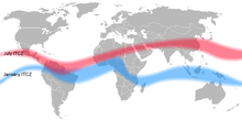 planisphère avec deux zones colorées traversant la planète à la hauteur de l'équateur