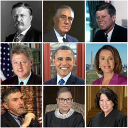 This is a collage of prominent liberals in the United States. From left to right, top to bottom: Theodore Roosevelt, Franklin Delano Roosevelt, John Fitzgerald Kennedy, Bill Clinton, Barack Obama, Nancy Pelosi, Paul Krugman, Ruth Bader Ginsburg, Sonia Sotomayor