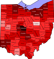 COVID-19 vaccination rate by county in Ohio.svg