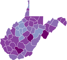 COVID-19 rolling 14day Prevalence in West Virginia by county.svg