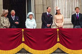 The Queen and members of the royal family on the balcony of Buckingham Palace after the Thanksgiving Service, 5 June 2012