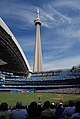 The CN Tower, as seen from the Rogers Centre during a baseball game.