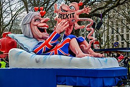 Düsseldorf carnival parade in February 2018 by German sculptor Jacques Tilly, with an effigy of Prime Minister Theresa May giving birth to a misshapen Brexit