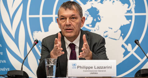 UNRWA Commissioner-General Philippe Lazzarini delivers remarks at the Press Conference following the Executive Briefing at the UN in Geneva on 24 Jan 2023. (c) 2023 UNRWA Photo