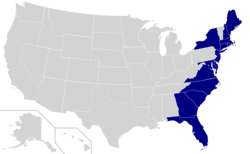 The East Coast of the United States highlighted in dark blue