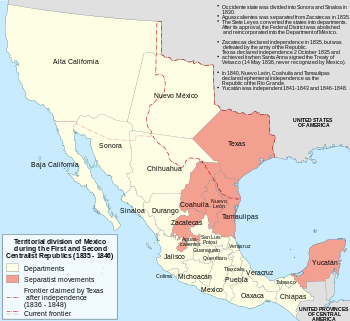 A map of Mexico, showing state and territory divisions as of 1835. Texas, Coahila, Nuevo León, Tamaulipas, Zacatecas and the Yucatán are shaded, marking them as having separatist movements.
