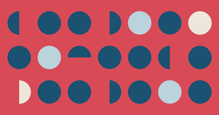 Graphic image: light pink, dark-blue and light-blue circles and semicircles displayed in rows on a red background.