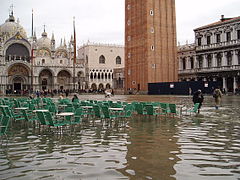 Tidal flooding. Sea-level rise increases flooding in low-lying coastal regions. Shown: Venice, Italy (2004).[223]