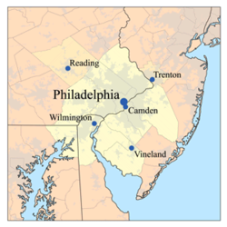 Map of the Lower Delaware Valley metropolitan area. In addition to the yellow-shaded area, other parts of South Jersey, including Atlantic County and Cape May County, and Delaware, including Dover, are considered to be part of the Delaware Valley or Philadelphia metropolitan area