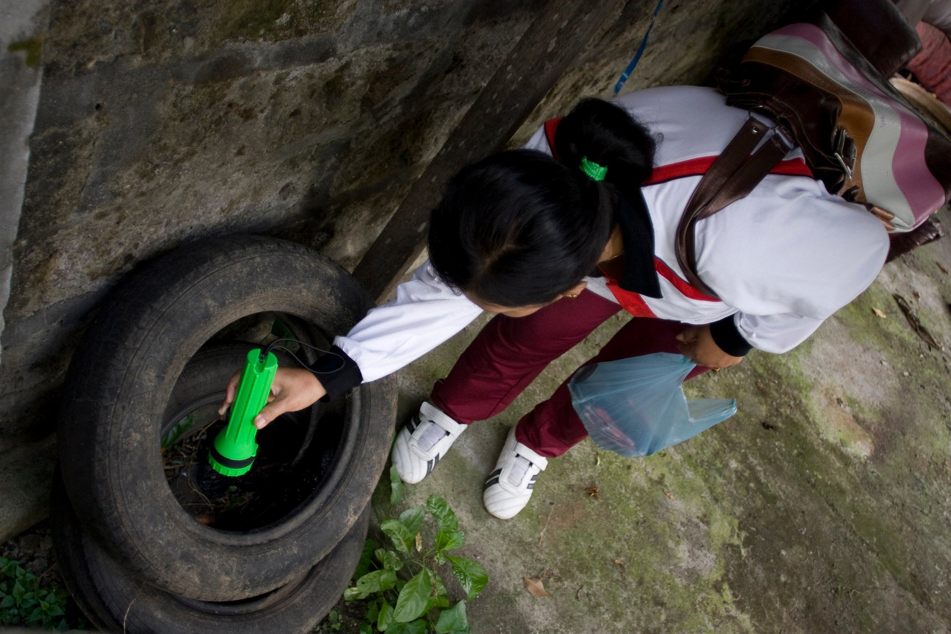 Woman shines a light in a tyre looking for mosquito breeding sites