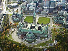 Aerial view of the Parliament buildings and their surroundings taken from a hot air balloon