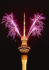 Fireworks in Auckland, New Zealand for the 2023 New Year taking place on the Sky Tower