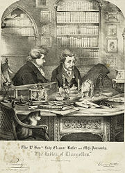 An engraved drawing of Eleanor Butler and Sarah Ponsonby, known as the "Ladies of Llangollen". They are shown sitting in a private library wearing smoking jackets, with a cat in the foreground sitting in a chair.