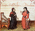 Image 26Guillaume Du Fay (left), with Gilles Binchois (right) in a c. 1440 Illuminated manuscript copy of Martin le Franc's Le champion des dames (from History of music)