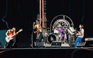 The band playing live in London in 2022. From left: Flea, Anthony Kiedis, Chad Smith, John Frusciante