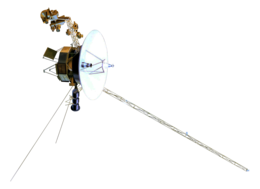 Model of the Voyager spacecraft, a small-bodied spacecraft with a large, central dish and multiple arms and antennas extending from the dish