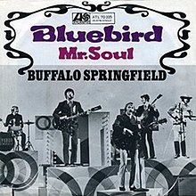 Black & white photo of Buffalo Springfield performing on a TV sound stage with the heading "Bluebird Mr.Soul Buffalo Springfield"
