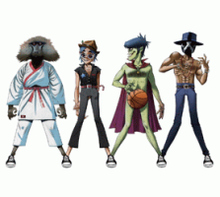 From left to right: James Murphy as a monkey in a karate outfit, 2-D in a black utfit wearing a hat, Murdoc Niccals dribbling a basketball at the waist level, and André 3000 wearing a black mask
