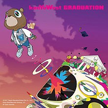 A highly stylized illustrated album cover. A bear is featured. Wearing sneakers,a varsity hoodie and a gold chain, he is shot out of the mouth of an abstract being. On the beings head, we see bunny chearleaders dancing, some of them throw graduation caps in the air, all of them appear joyous. The background is a purple sky. On the top is text that reads "kanYe West GRADUATION"