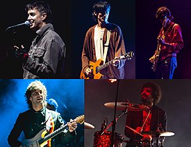 The Strokes performing live; clockwise from top-left: Julian Casablancas, Nick Valensi, Nikolai Fraiture, Fabrizio Moretti, and Albert Hammond Jr.