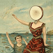 A drawing of three young boys and a woman out at sea. The boys are swimming, while the woman sits atop a dock. She is wearing a red dress and has a drumhead for a face. A steam-powered ship can be seen in the background.