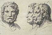 Three lion-like heads; by Charles Le Brun; c. 1671; black chalk, pen and ink, brush and gray wash, white gouache on paper; 21.7 × 32.7cm