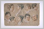 Studies of Women's Heads and a Man's Head; by Antoine Watteau; first half of the 18th century; sanguine, black chalk and white chalk on gray paper; 28 × 38.1cm