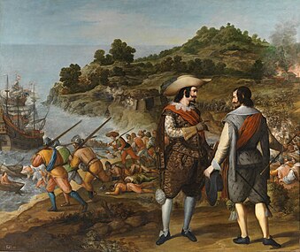 Spanish painting of 1635 commemorating Captain Juan de Amézqueta's victory and Hendricksz's defeat at Puerto Rico de San Juan; by Eugenio Caxés, Museo del Prado.[44]