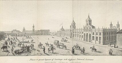 [Colonial] Plaza o great Square of Santiago with different local costumes, in 1826, by John Miers. British Library.[15][16]