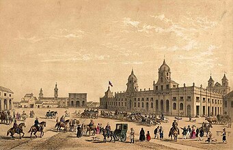 Colonial Plaza de Armas de Santiago in 1854 by Claude Gay.[19] In the foreground you can see the still intact Palace of the Real Audiencia of Chile, and in the background the unfinished Cathedral, both built by the Italian Joaquin Toesca.