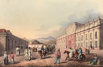 The colonial Real Casa de la Moneda (now called Palacio de la Moneda) in 1824 (by Paroissien, Scharf and Rowney & Forster). John Carter Brown Library.[14]