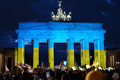 Lit up in the colours of the Ukrainian flag during a solidarity protest on 24 February 2022