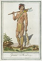 "Homme Acadien" (Acadian Man) by Jacques Grasset de Saint-Sauveur represent a Mi'kmaq man in the area of Acadia according to the Nova Scotia Museum.